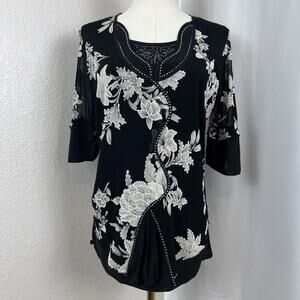 Appointments Top Womens Medium Black Floral Mesh Sheer Sleeve Y2K Romantic Bling